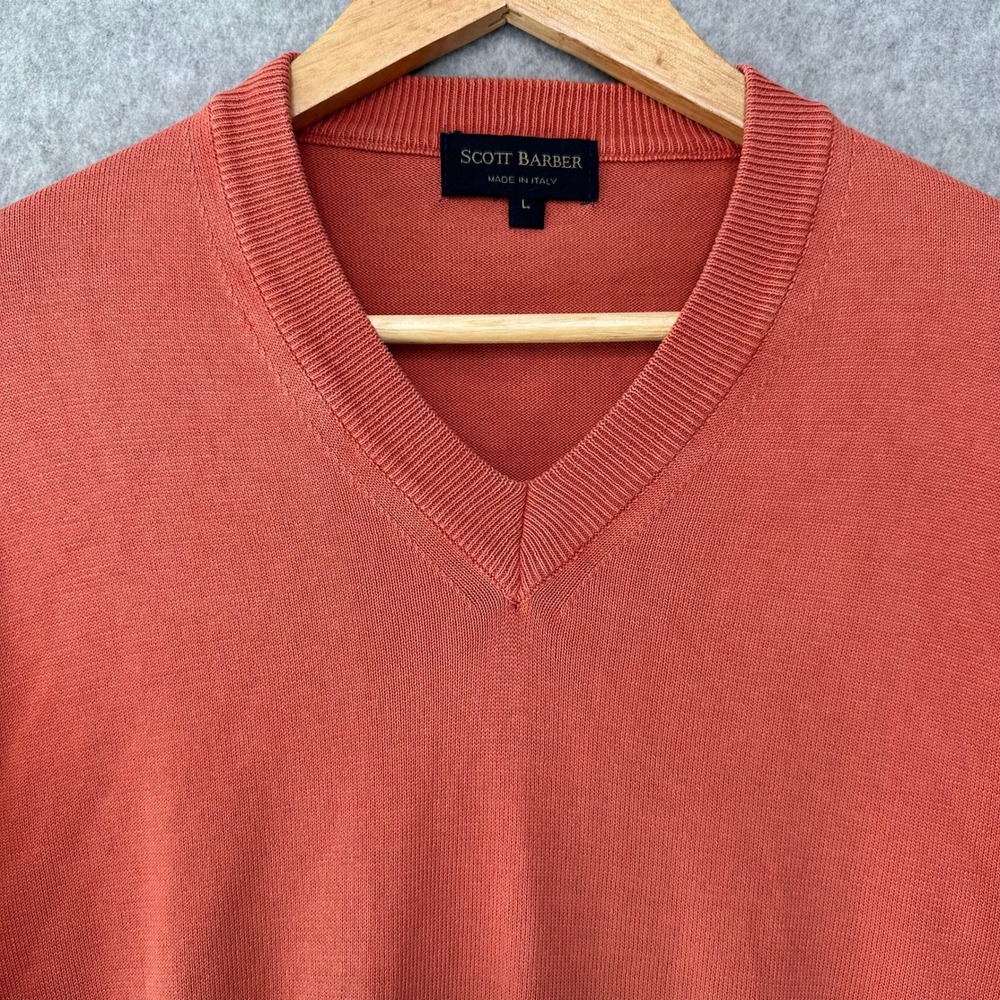 Scott Barber Mens V Neck Sweater Coral Orange Made in Italy Size L